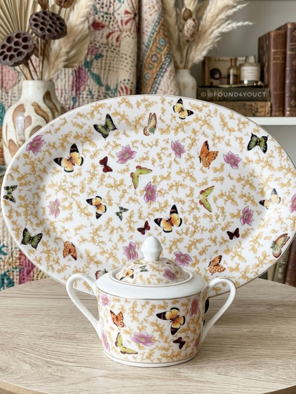 Sorelle Butterfly Porcelain Platter w/ Lidded Bowl Cottagecore Serving Set Decor